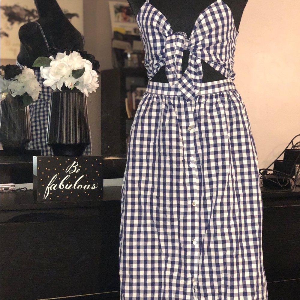 ZARA Navy Gingham Checked Cutout Midi Dress
